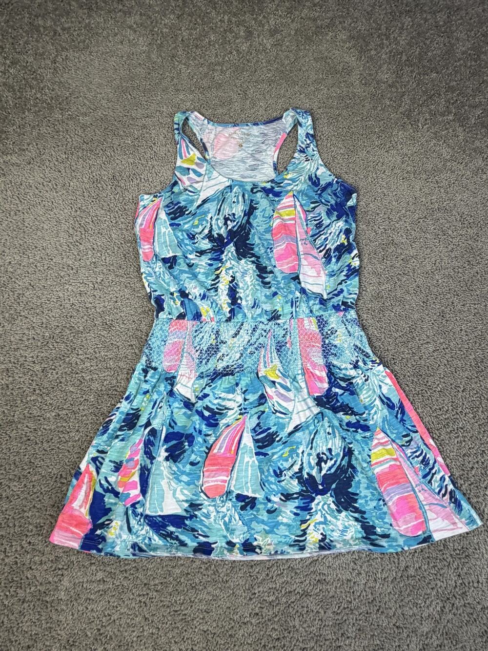 Lilly Pulitzer Tidewell Tank Dress Womens S Hey Bay Bay Blue Sundress Smocked